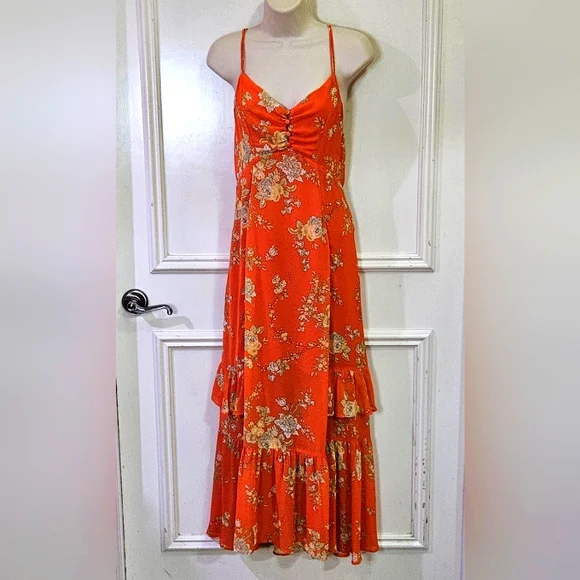 Urban Outfitters Orange/Yellow MultiColor Floral Strappy Ruffle Maxi Dress,Large - Picture 12 of 16